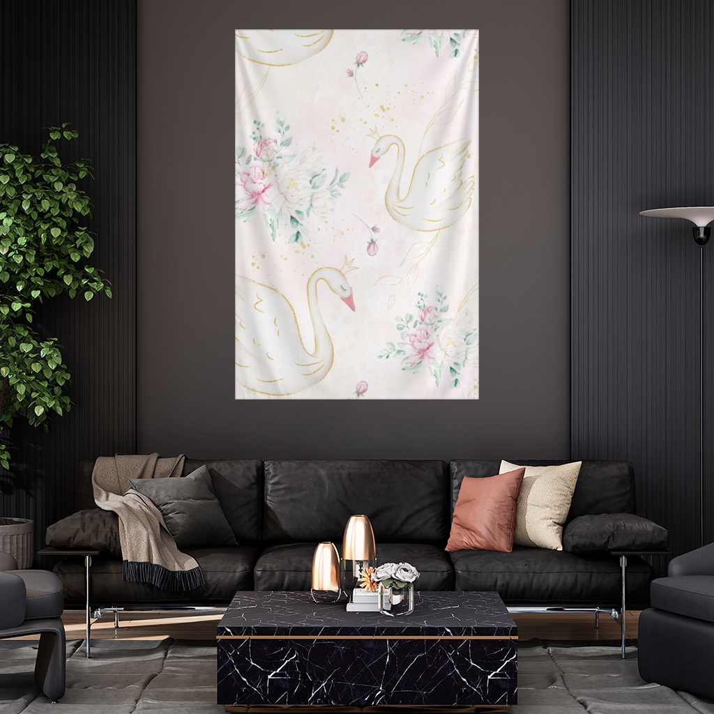 Pastel Watercolor Swan Floral Pattern Wall Tapestry
