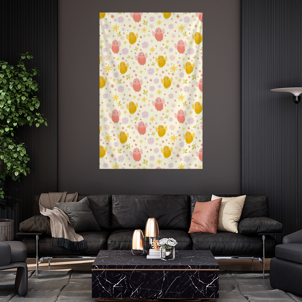 Cute Birds and Floral Pastel Spring Pattern Illustration Wall Tapestry