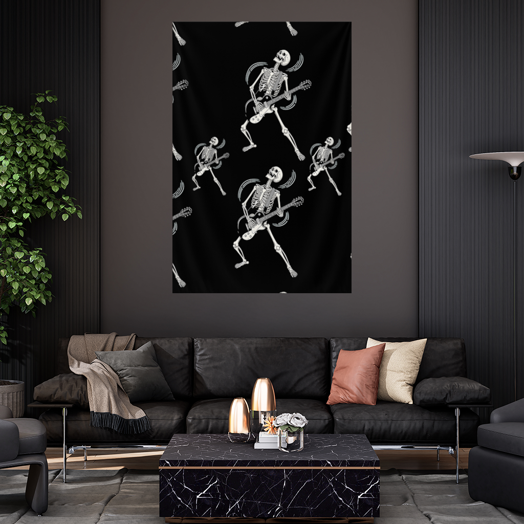 Rock Guitar Playing Skeleton Pattern on Black Wall Tapestry