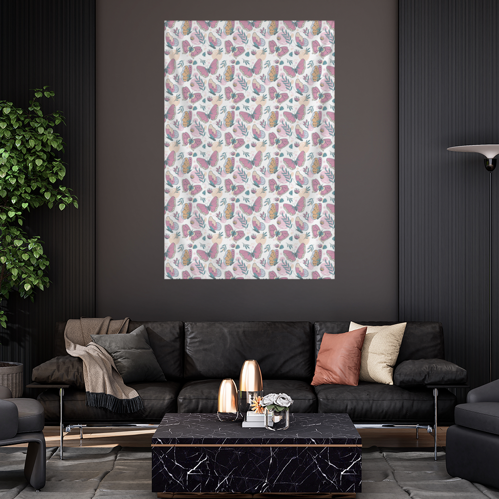 Pastel Butterflies and Botanical Leaves Seamless Pattern Wall Tapestry