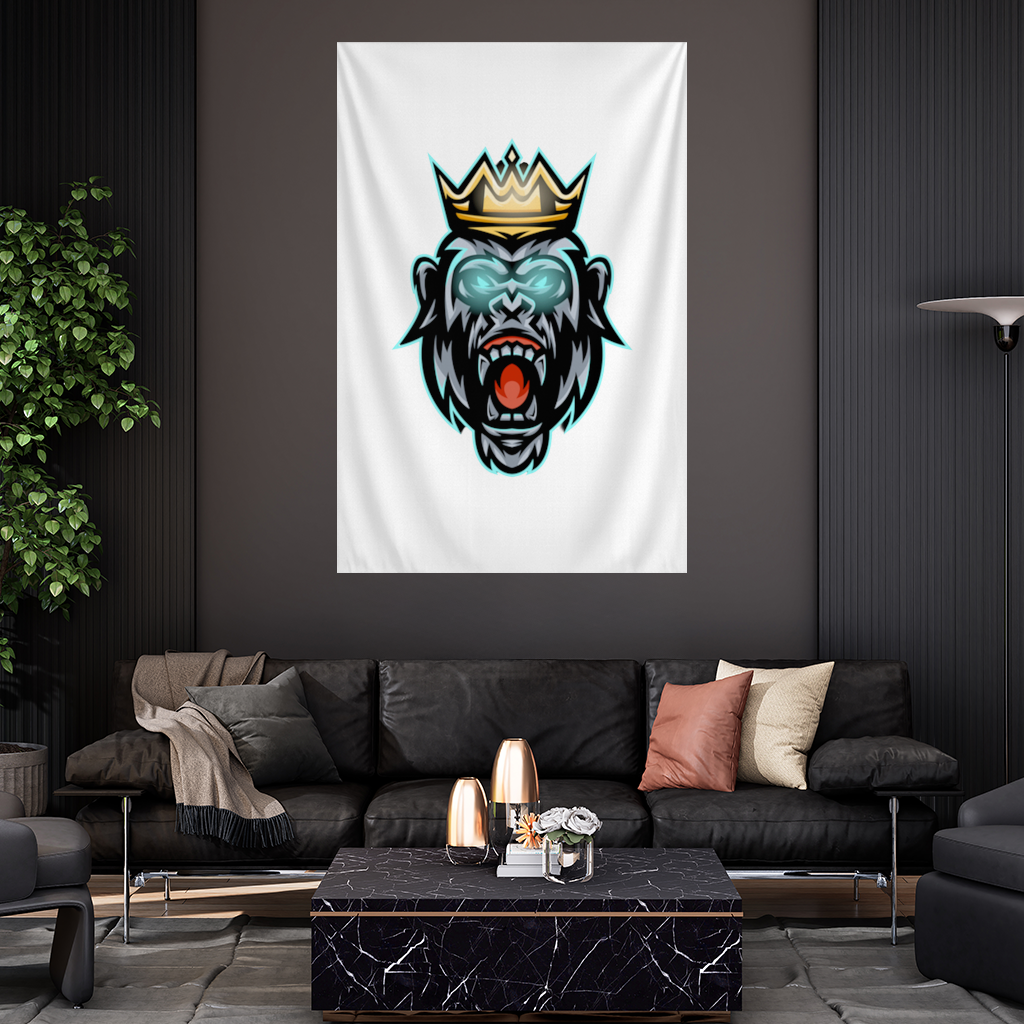 Angry Gorilla King with Crown Graphic - Neon Mascot Design Wall Tapestry
