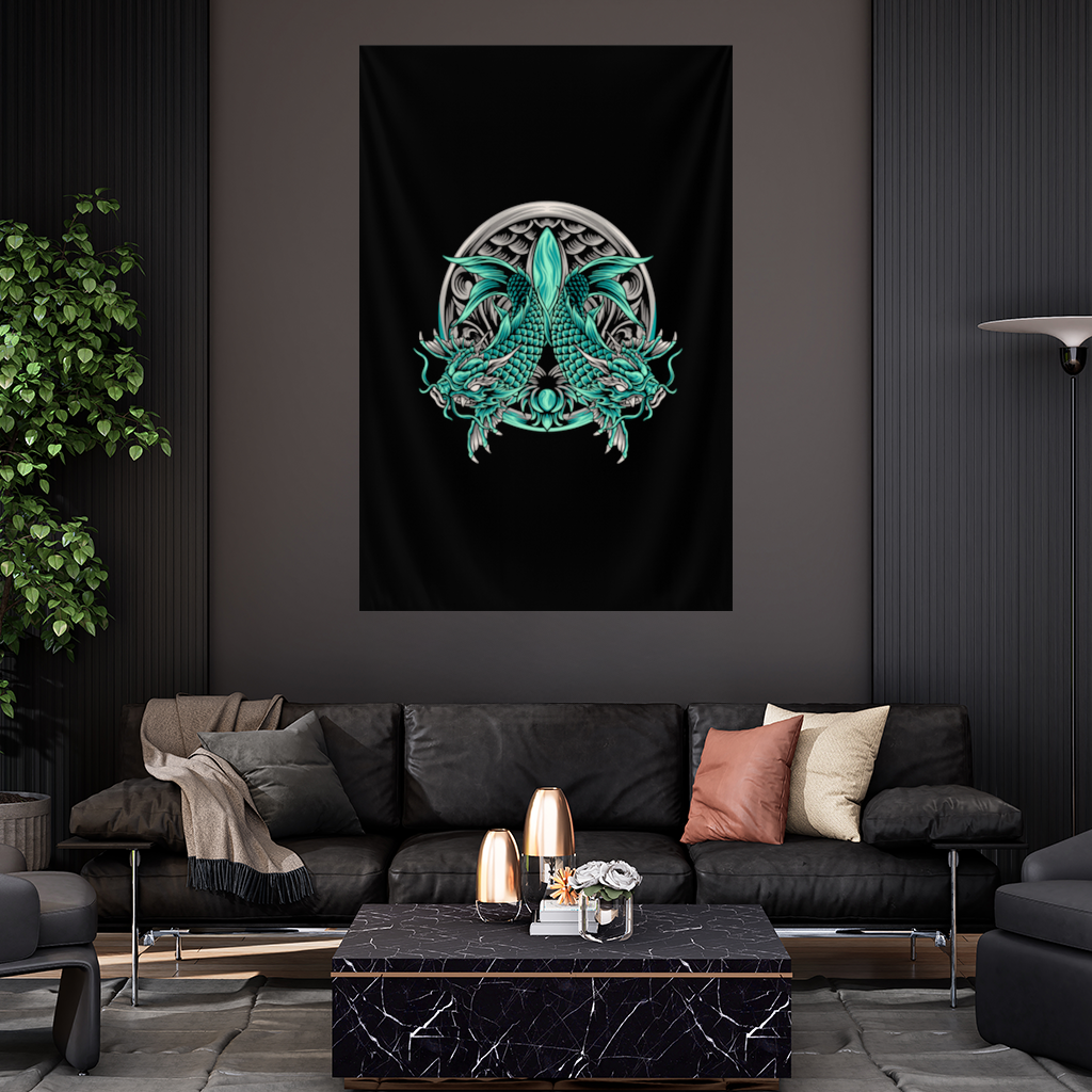 Turkuaz Çift Ejderha Amblem Tasarımı Duvar Örtüsü