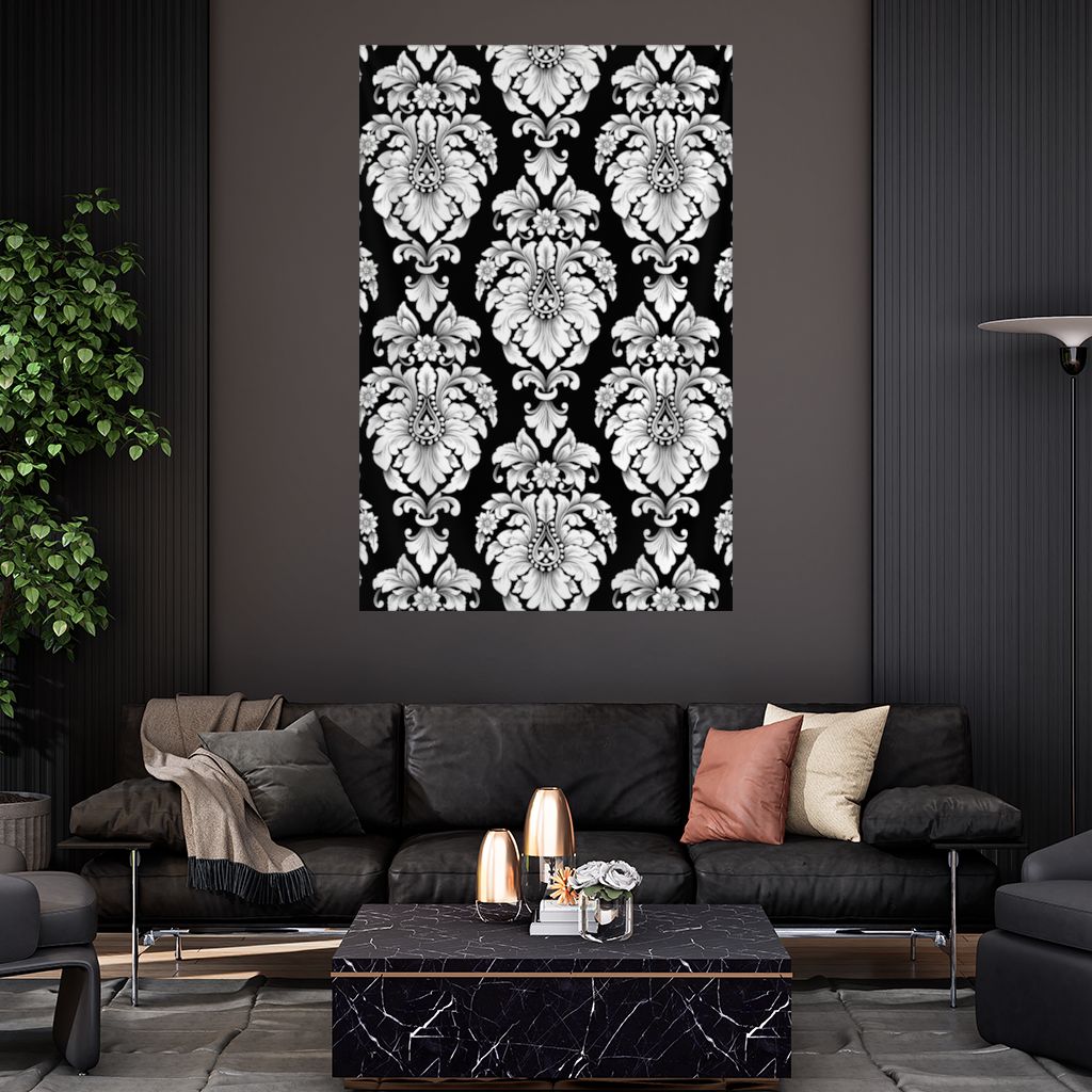 Black and White Baroque Floral Pattern Wall Tapestry