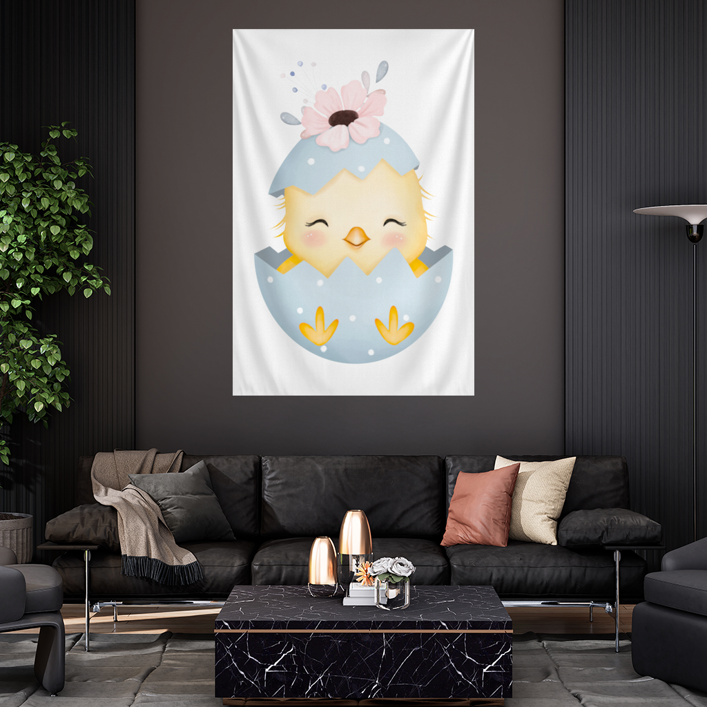 Çiçekli Şapkalı Sevimli Civciv İllüstrasyonu Duvar Örtüsü