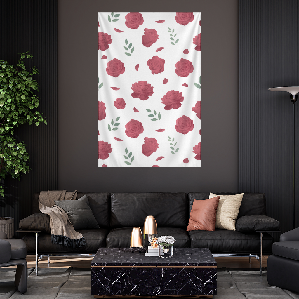 Red Rose and Leaf Romantic Seamless Pattern Wall Tapestry