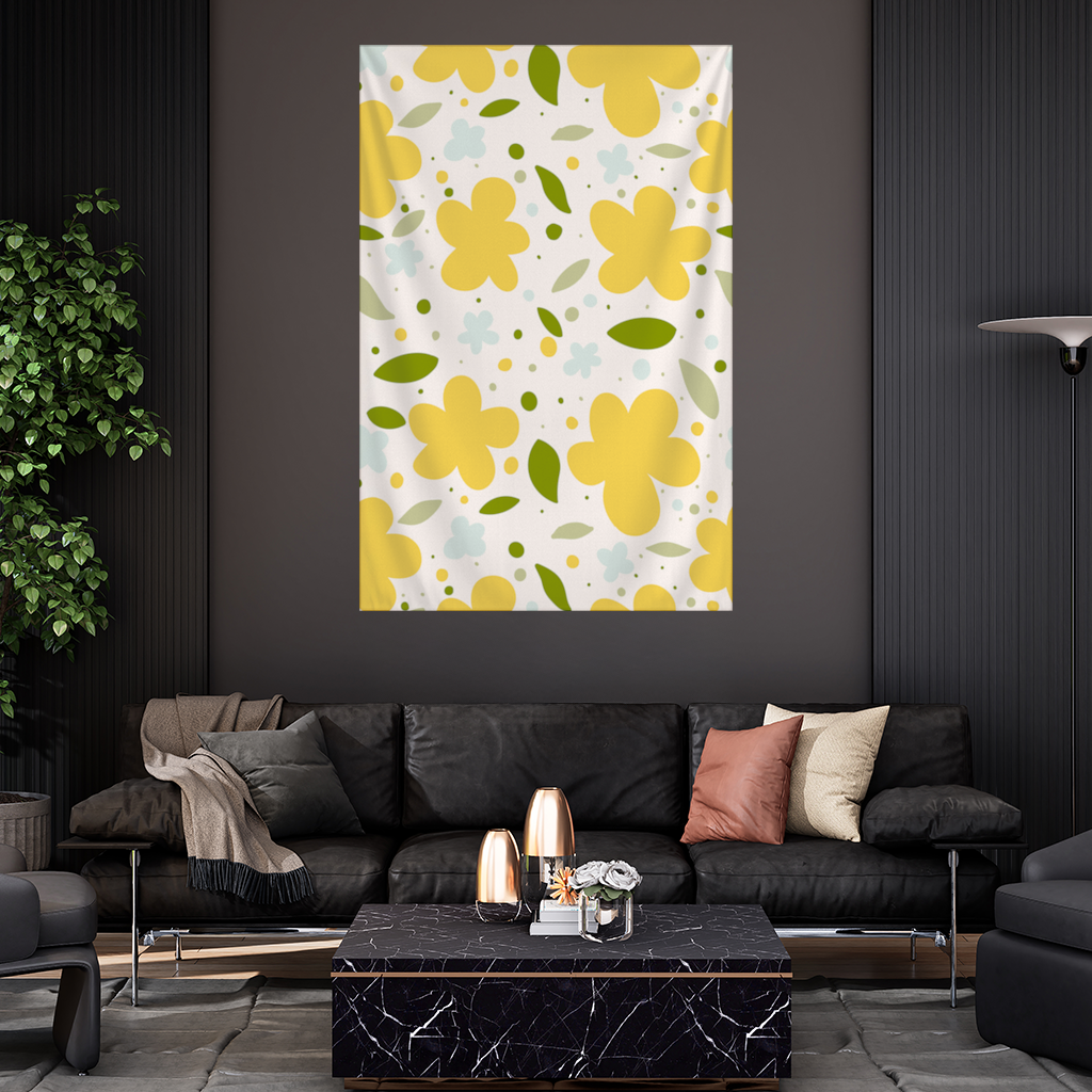 Yellow Floral and Leaf Boho Seamless Pattern Wall Tapestry