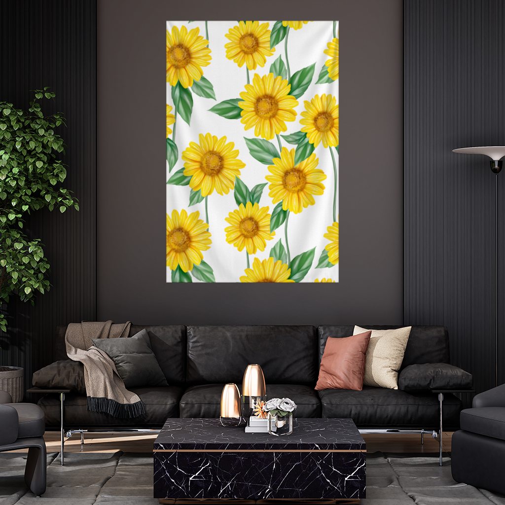 Vibrant Yellow Sunflower and Green Leaf Pattern Illustration Wall Tapestry