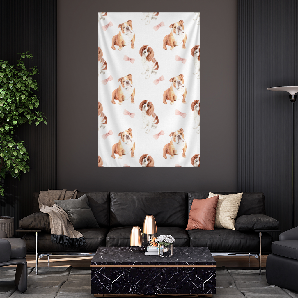Watercolor English Bulldog and Cavalier Puppy Pattern Wall Tapestry