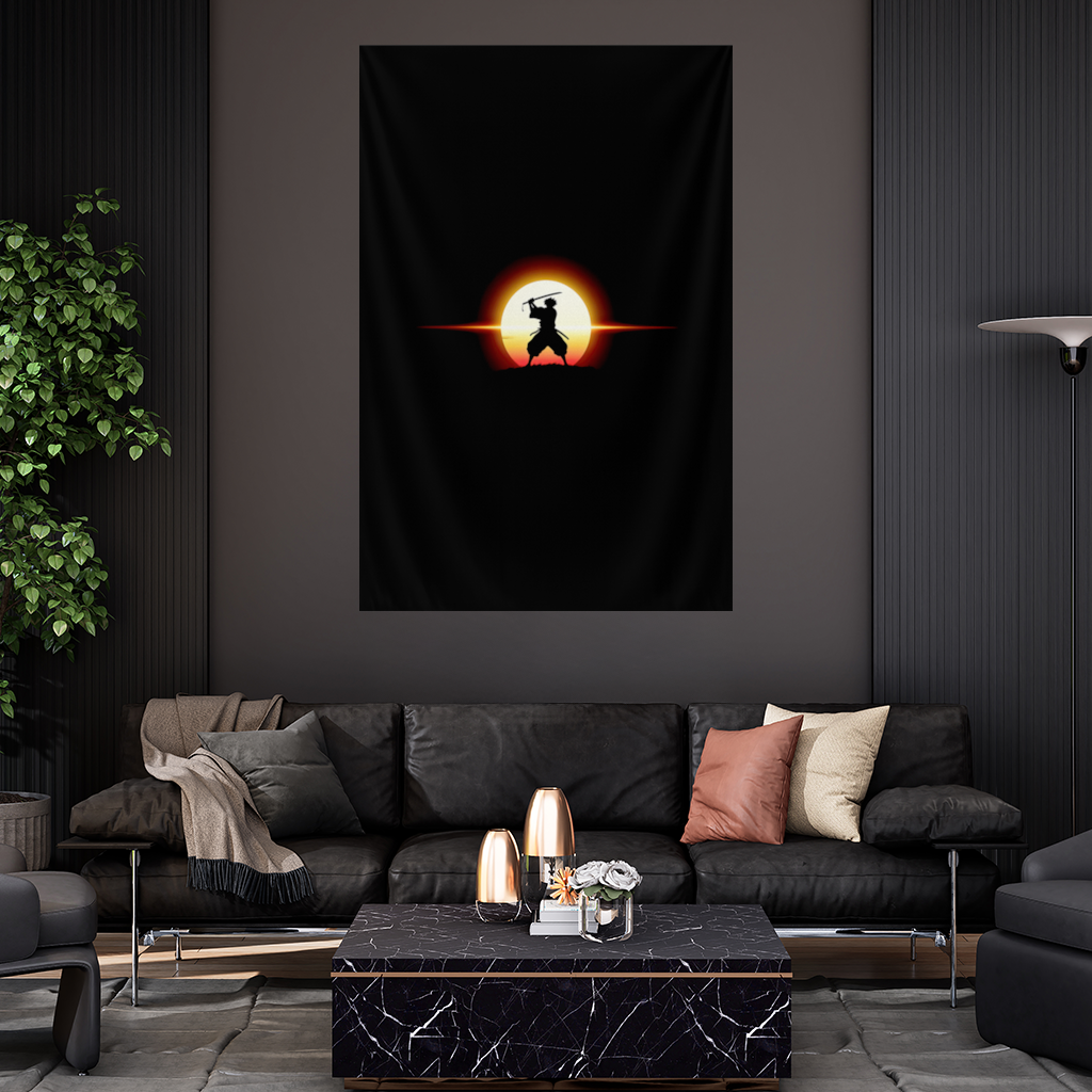 Samurai Silhouette Under the Rising Sun Honor and Strength Wall Tapestry