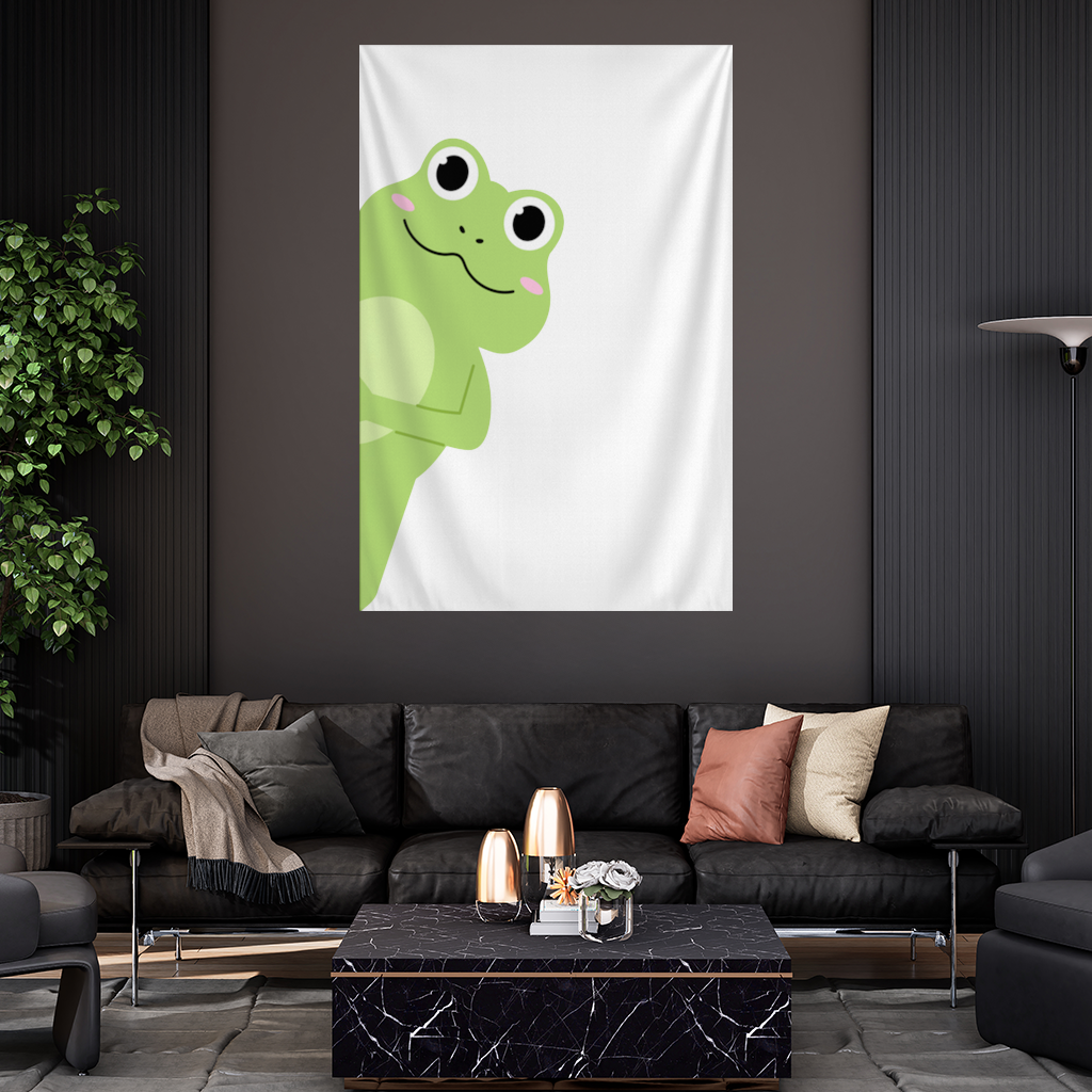 Cute Green Frog Peek-a-Boo Illustration Wall Tapestry