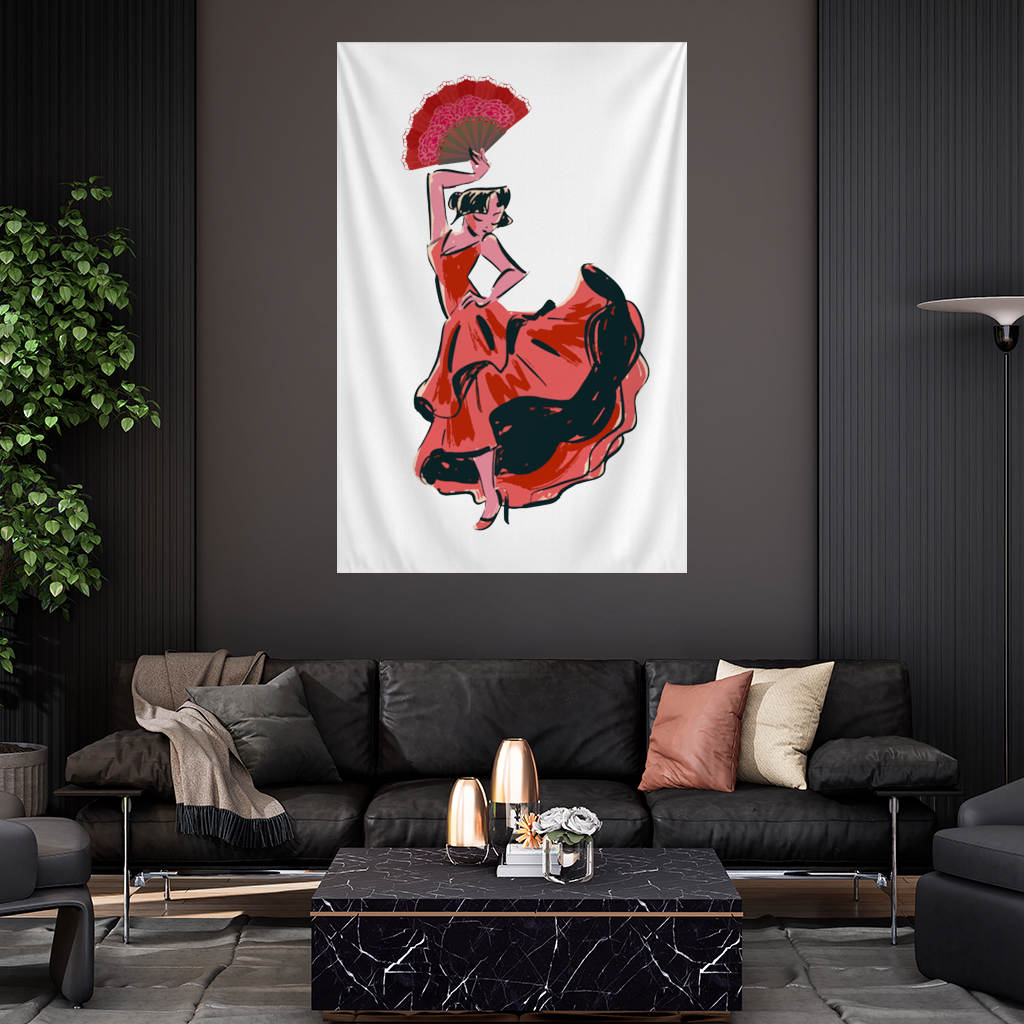 Yelpazeli Flamenko Dansçısı İllüstrasyonu Duvar Örtüsü