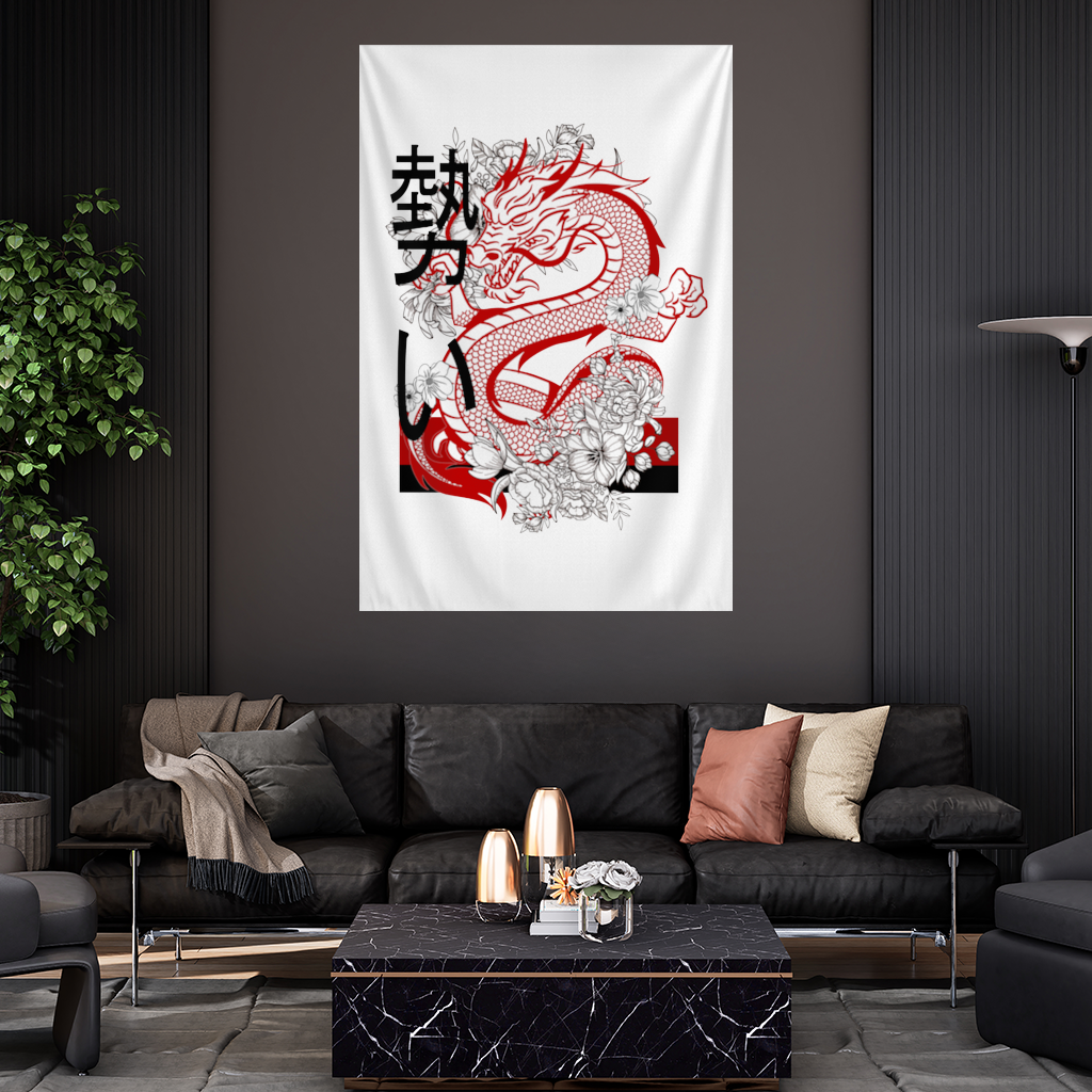 Japanese Dragon with Floral Design Wall Tapestry
