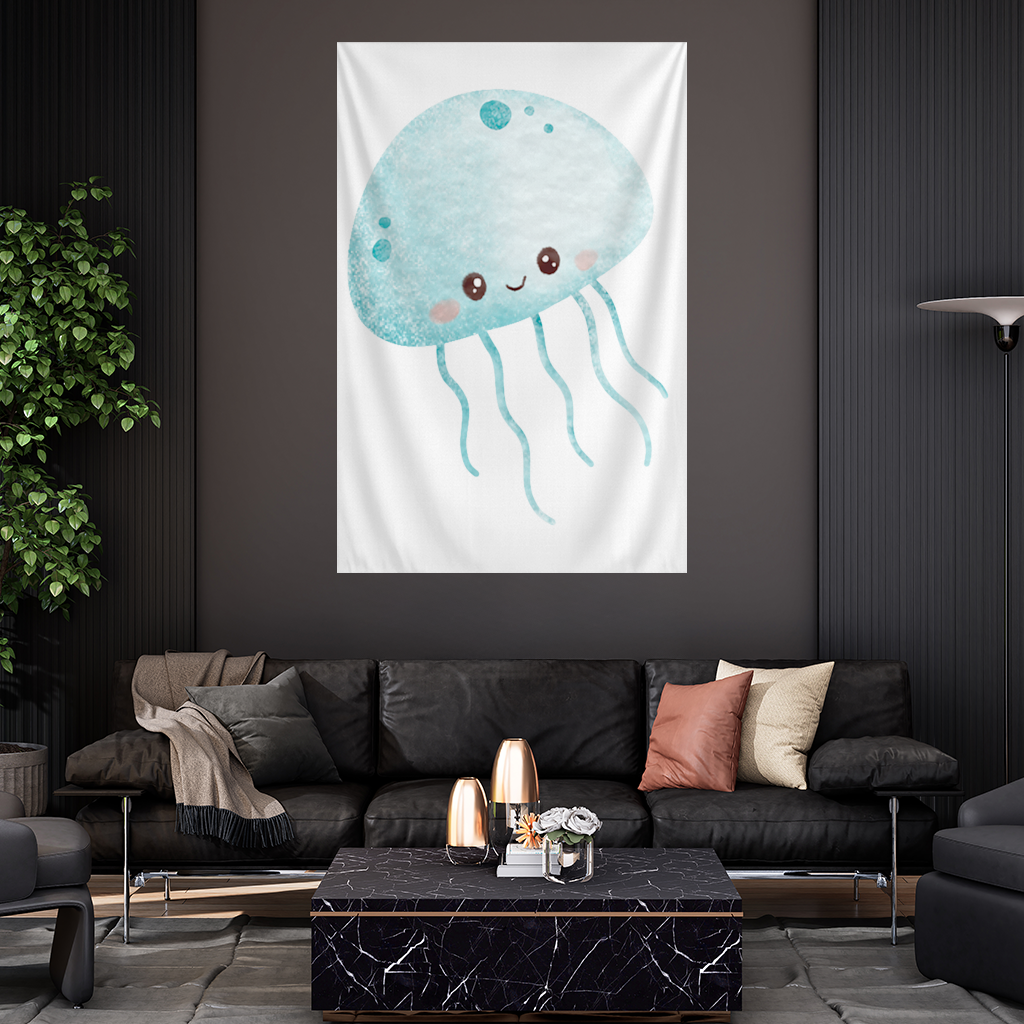 Cute Blue Jellyfish Character Wall Tapestry