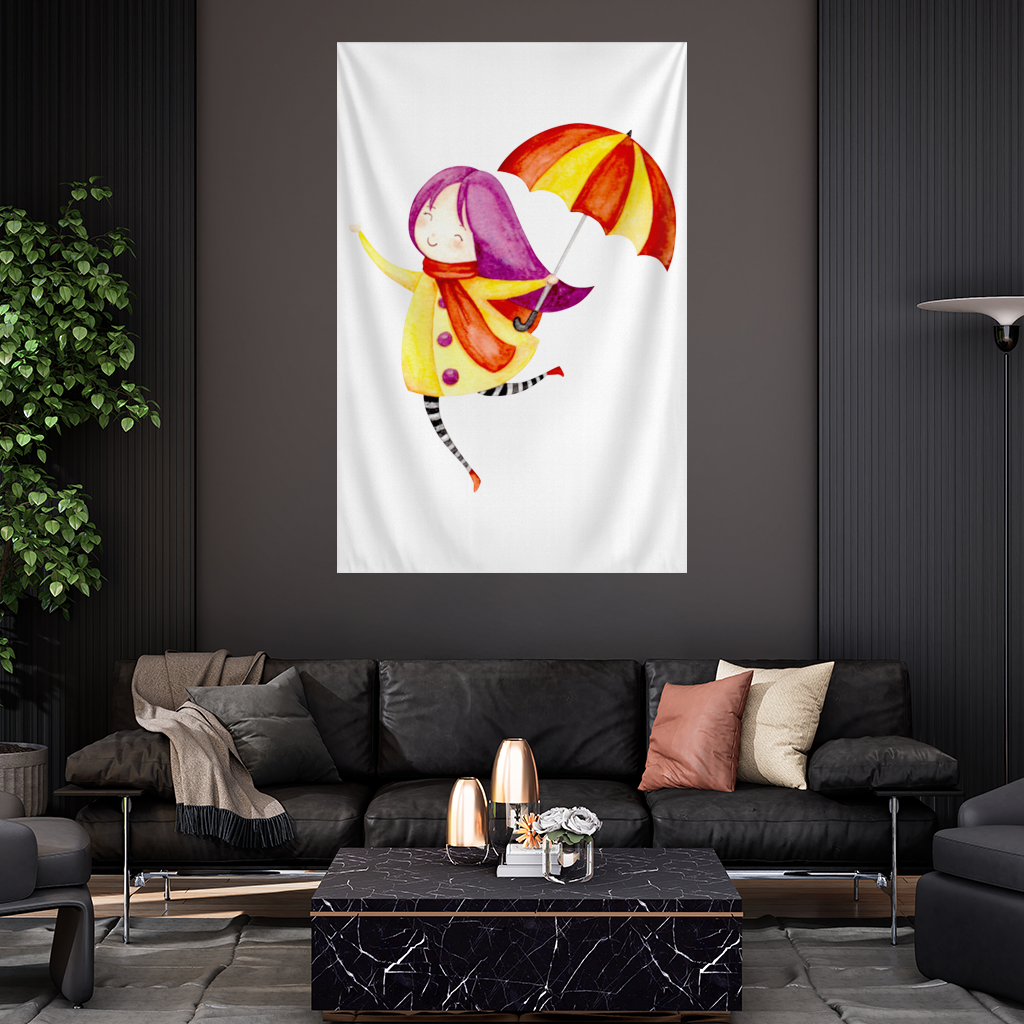 Cheerful Girl with Umbrella Wall Tapestry