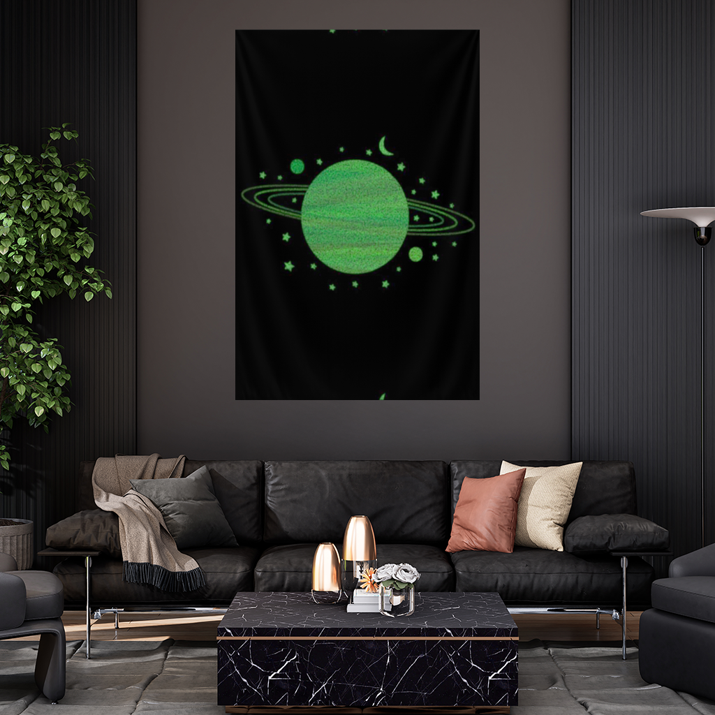 Green planets on a black background. Wall Tapestry