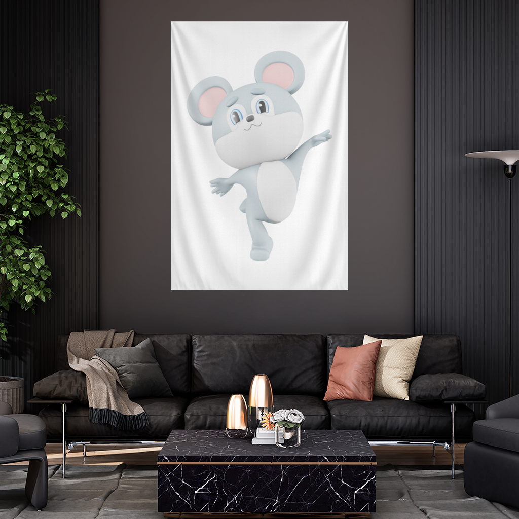 Dancing Cute Grey Mouse Character Wall Tapestry