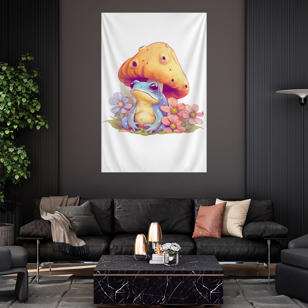 Blue Frog Resting Under Orange Mushroom Wall Tapestry