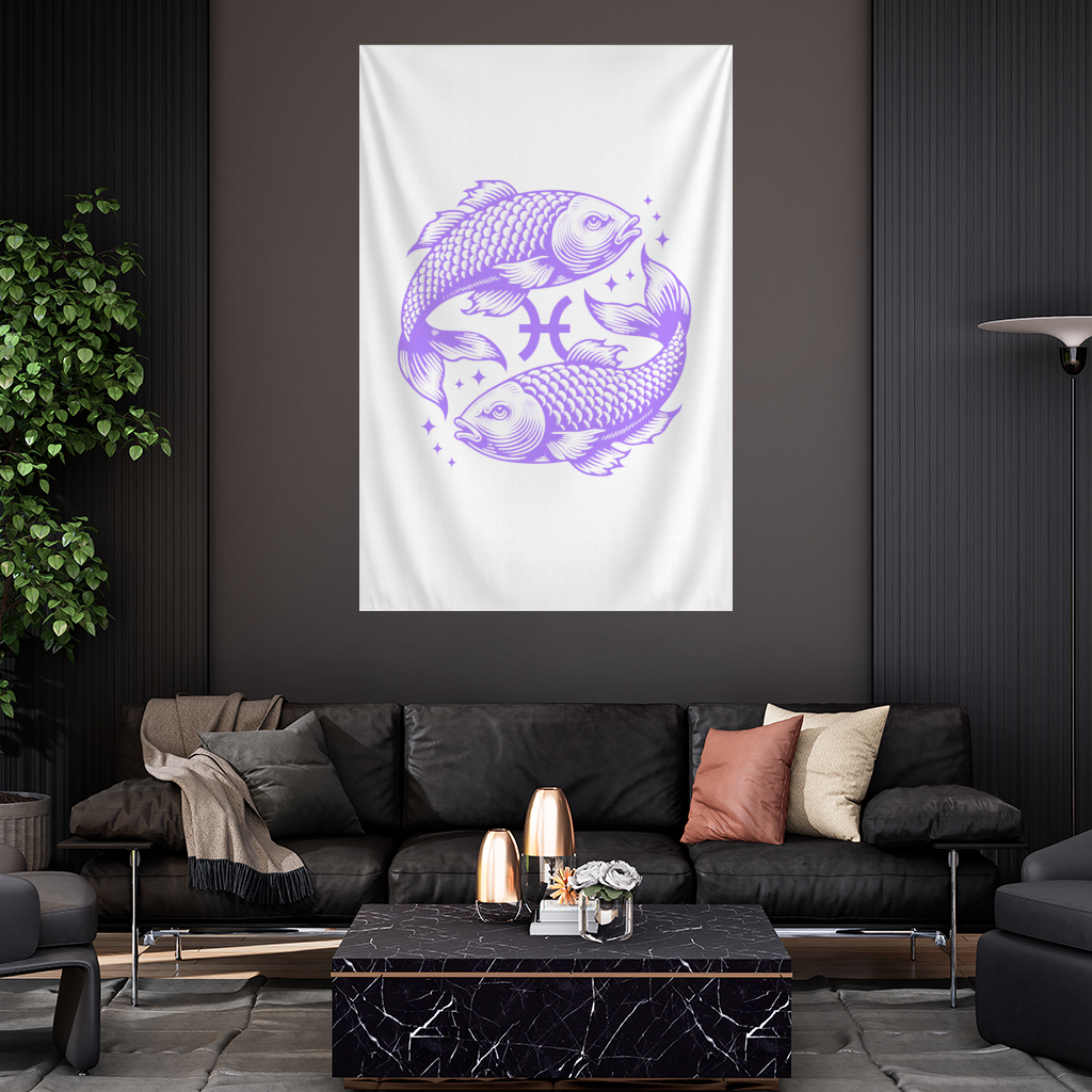 Pisces Zodiac Symbol with Purple Fish Art Wall Tapestry