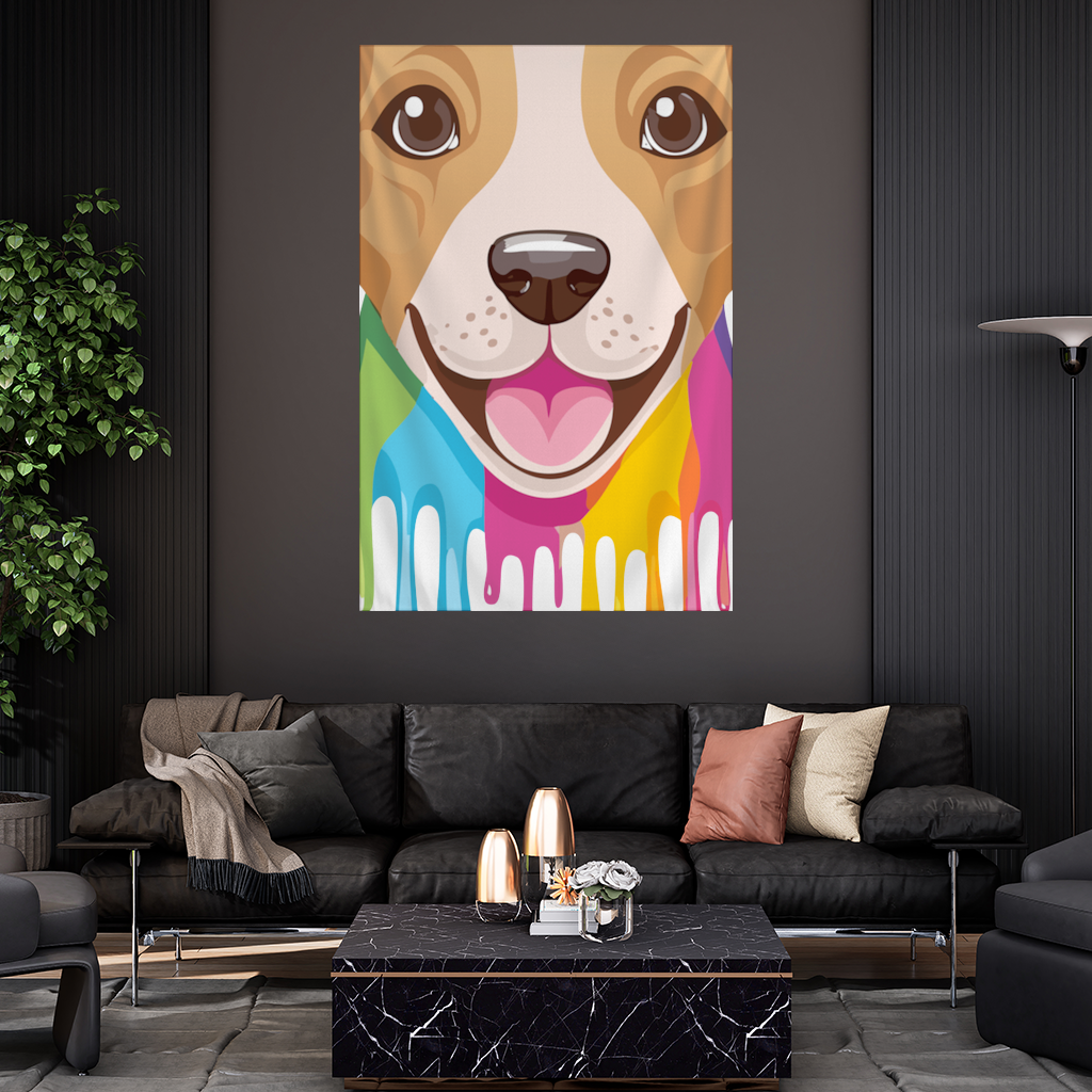 Happy Dog with Colorful Paint Drips Wall Tapestry