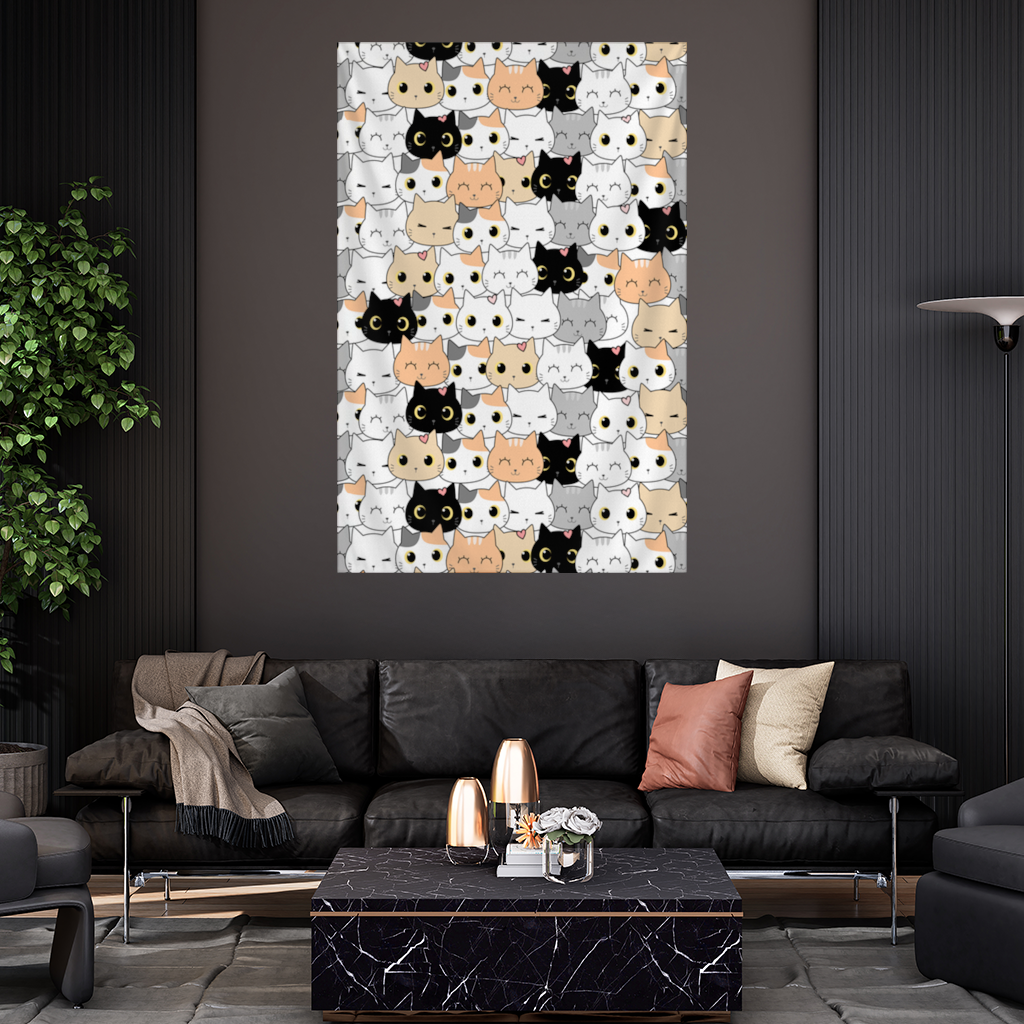 Colorful Cute Cat Faces Seamless Pattern Wall Tapestry