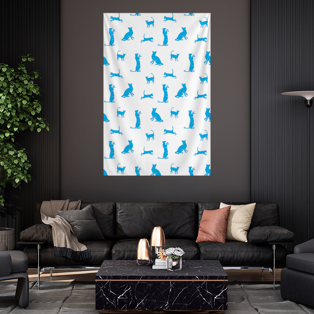 Blue Cat Silhouettes Seamless Pattern Wall Tapestry