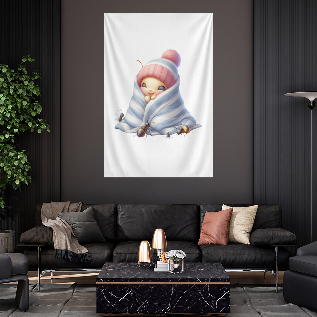 Kawaii Baby Bee in Pink Beanie Wall Tapestry