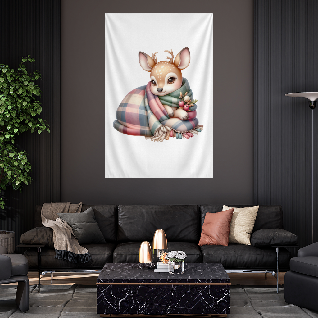 Kawaii Baby Deer with Plaid Scarf Wall Tapestry