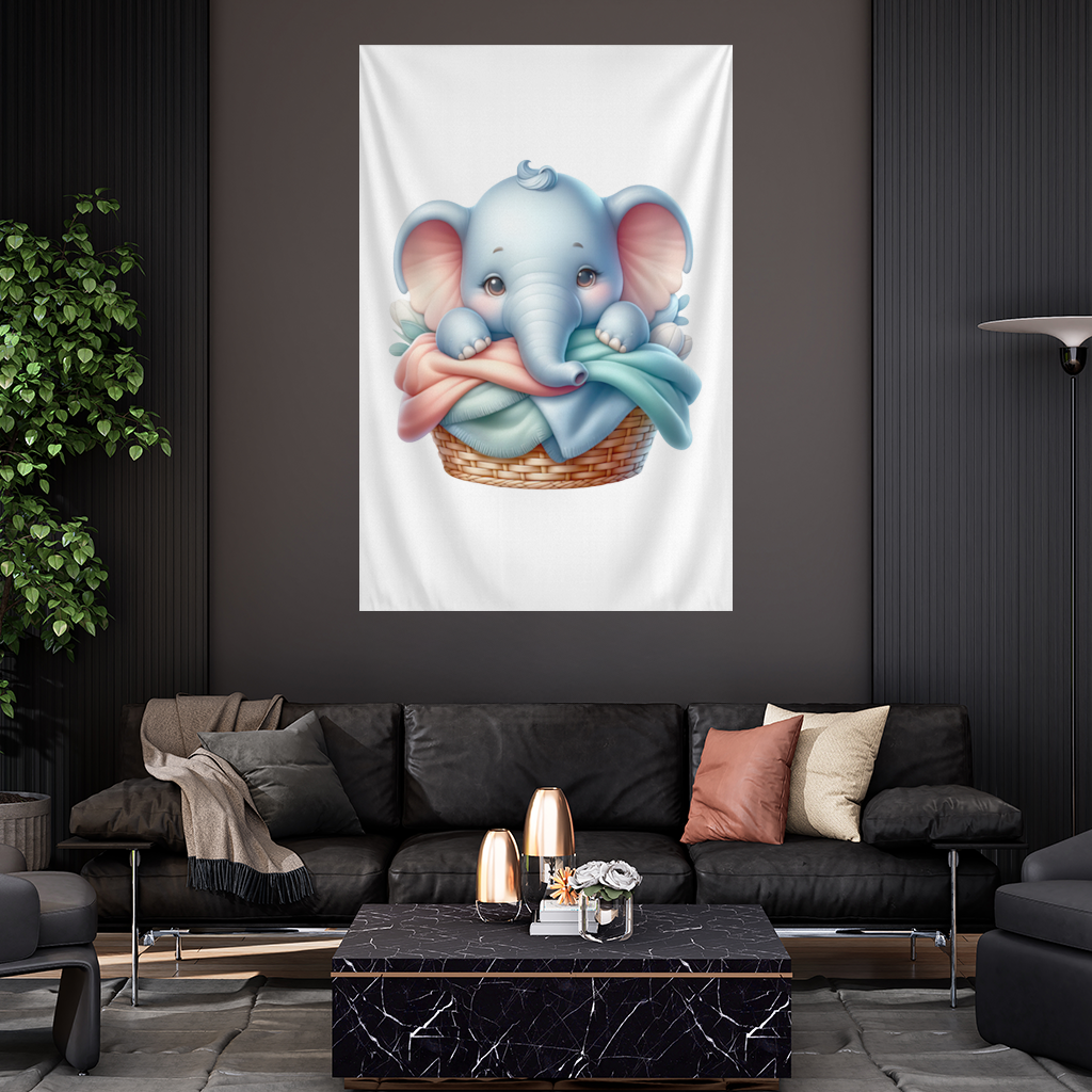 Cute Baby Elephant in Basket Wall Tapestry