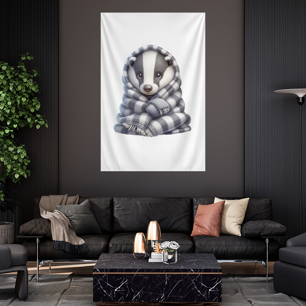 Cozy Baby Badger Wrapped in Blanket Wall Tapestry