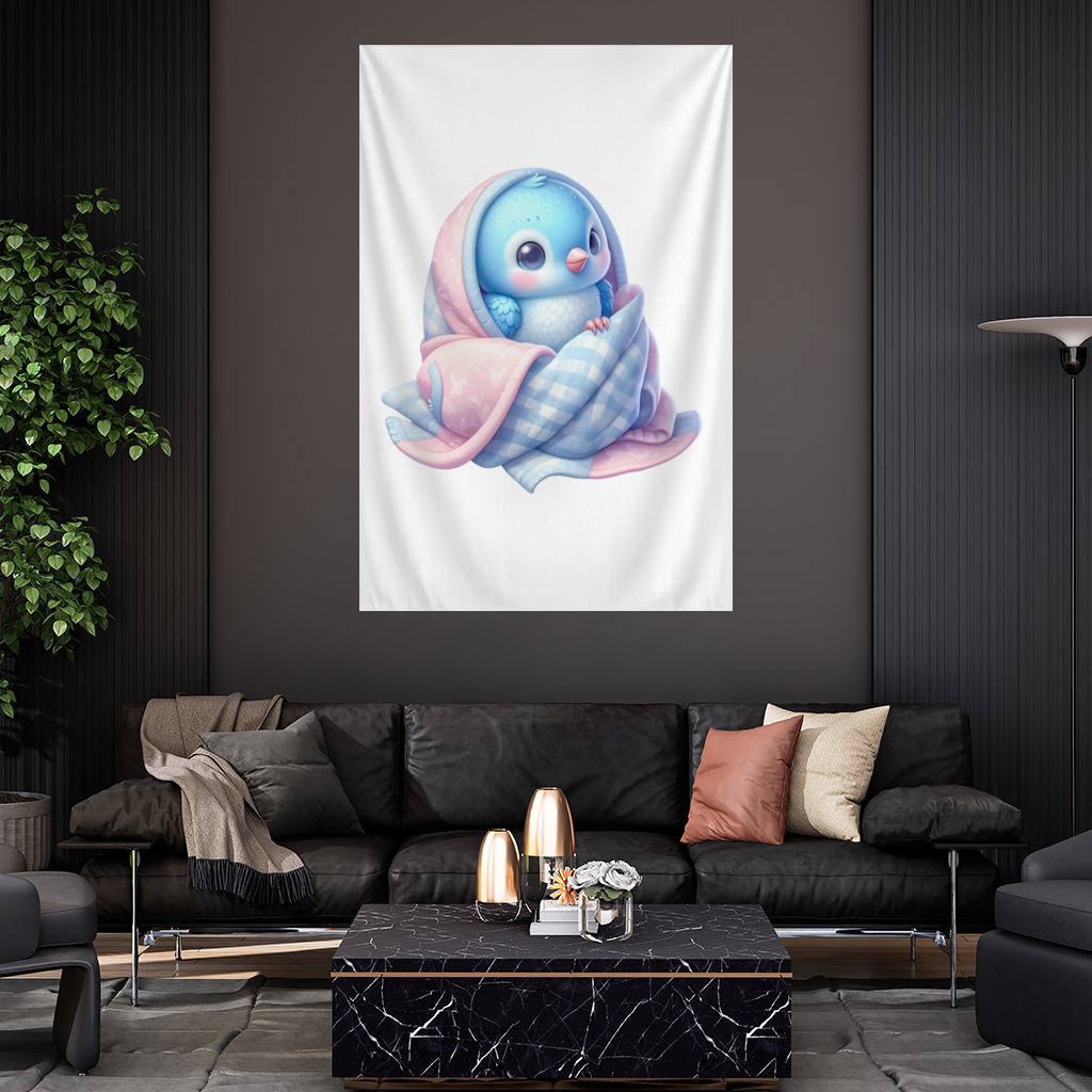 Kawaii Blue Bird in Blanket Wall Tapestry