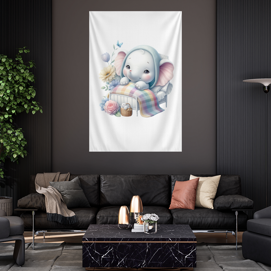 Sleeping Baby Elephant in Bed Wall Tapestry