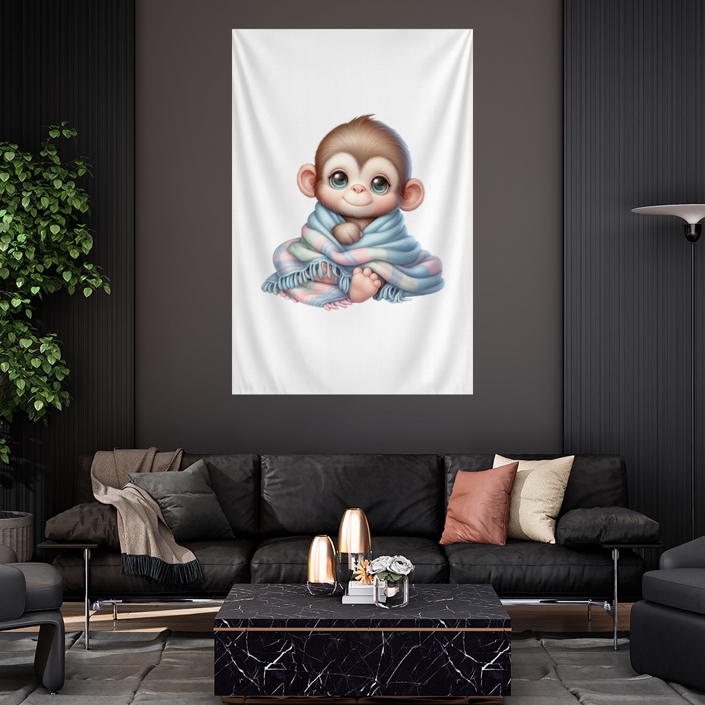 Cute Baby Monkey Wrapped in Blanket Wall Tapestry