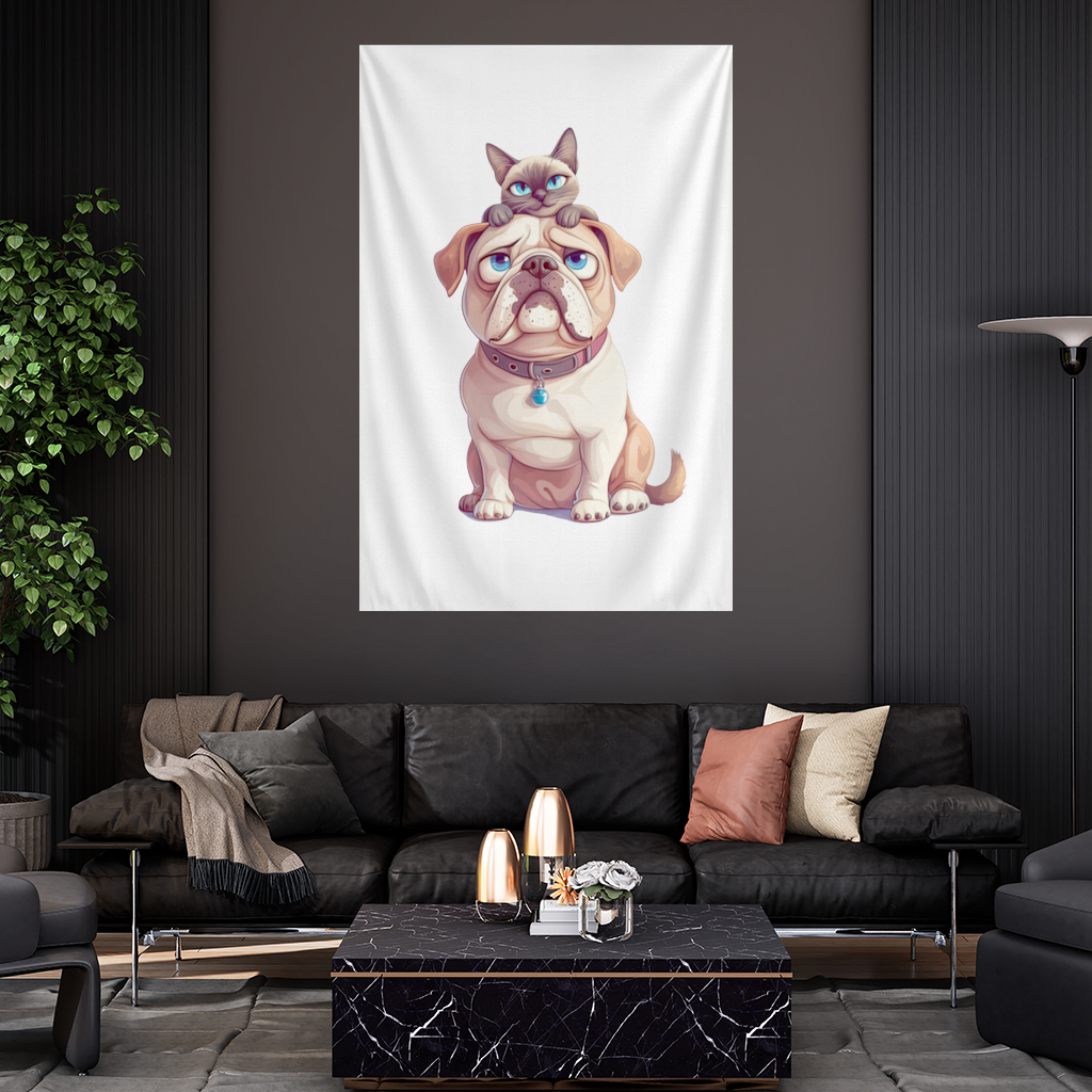 Sad Pug with Siamese Cat on Head Wall Tapestry