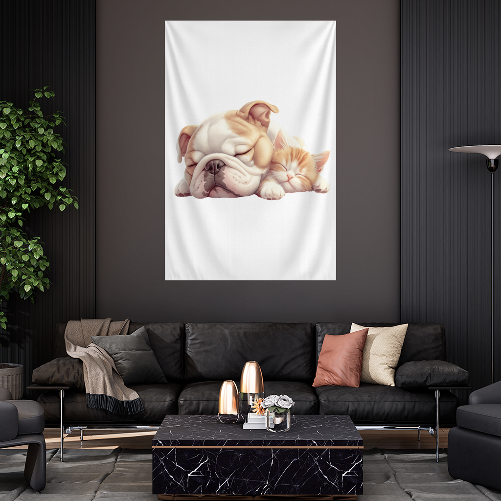 Sleeping Bulldog and Ginger Kitten Wall Tapestry