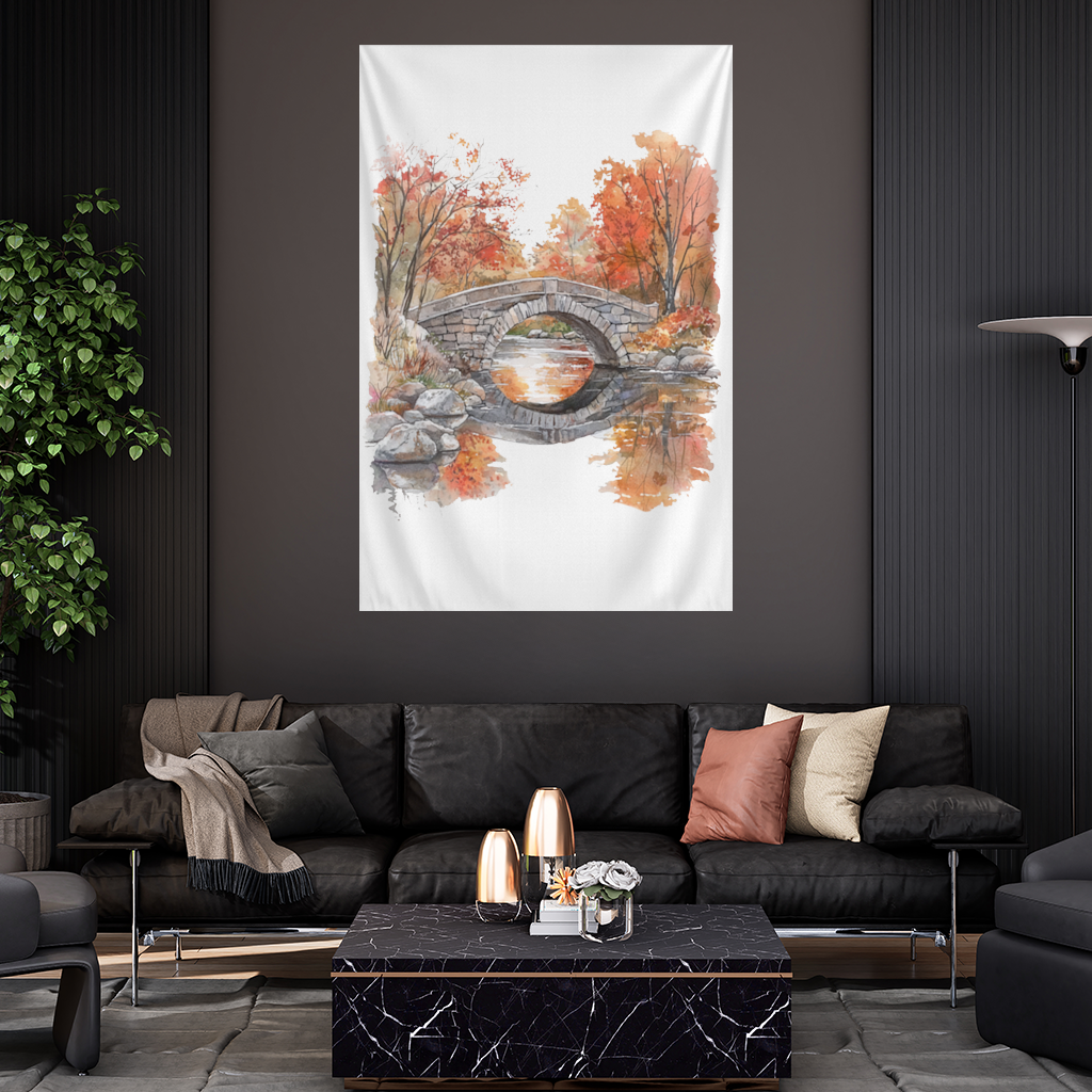 Autumn Stone Arch Bridge Over River Wall Tapestry