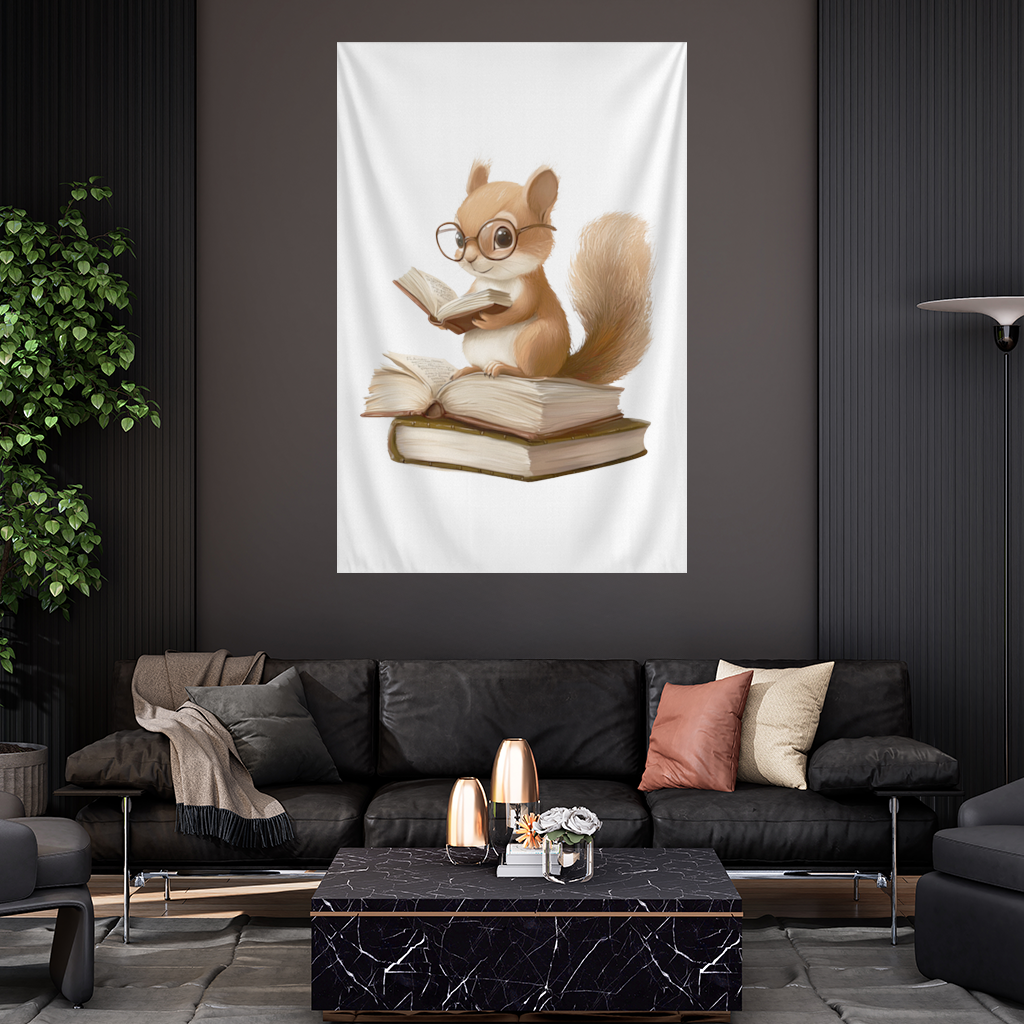 Scholarly Squirrel Reading on Book Stack Wall Tapestry