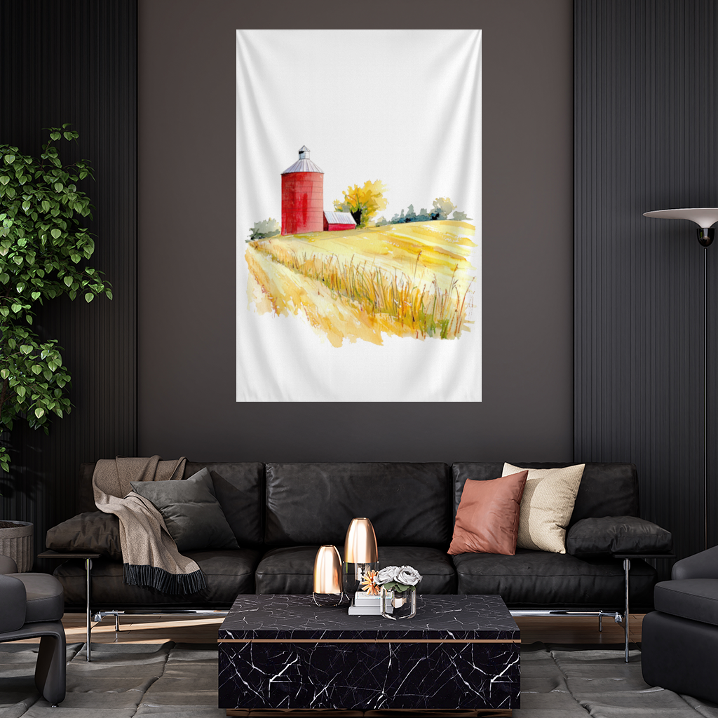Red Farm Silo and Golden Wheat Field Wall Tapestry