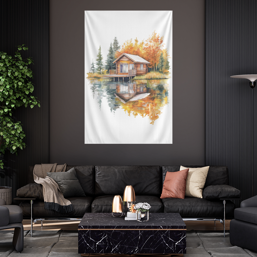 Lakeside Log Cabin Autumn Landscape Wall Tapestry