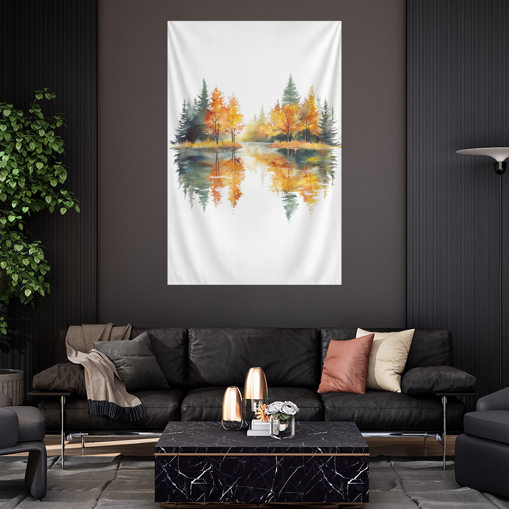 Autumn Forest Lake Reflection Wall Tapestry