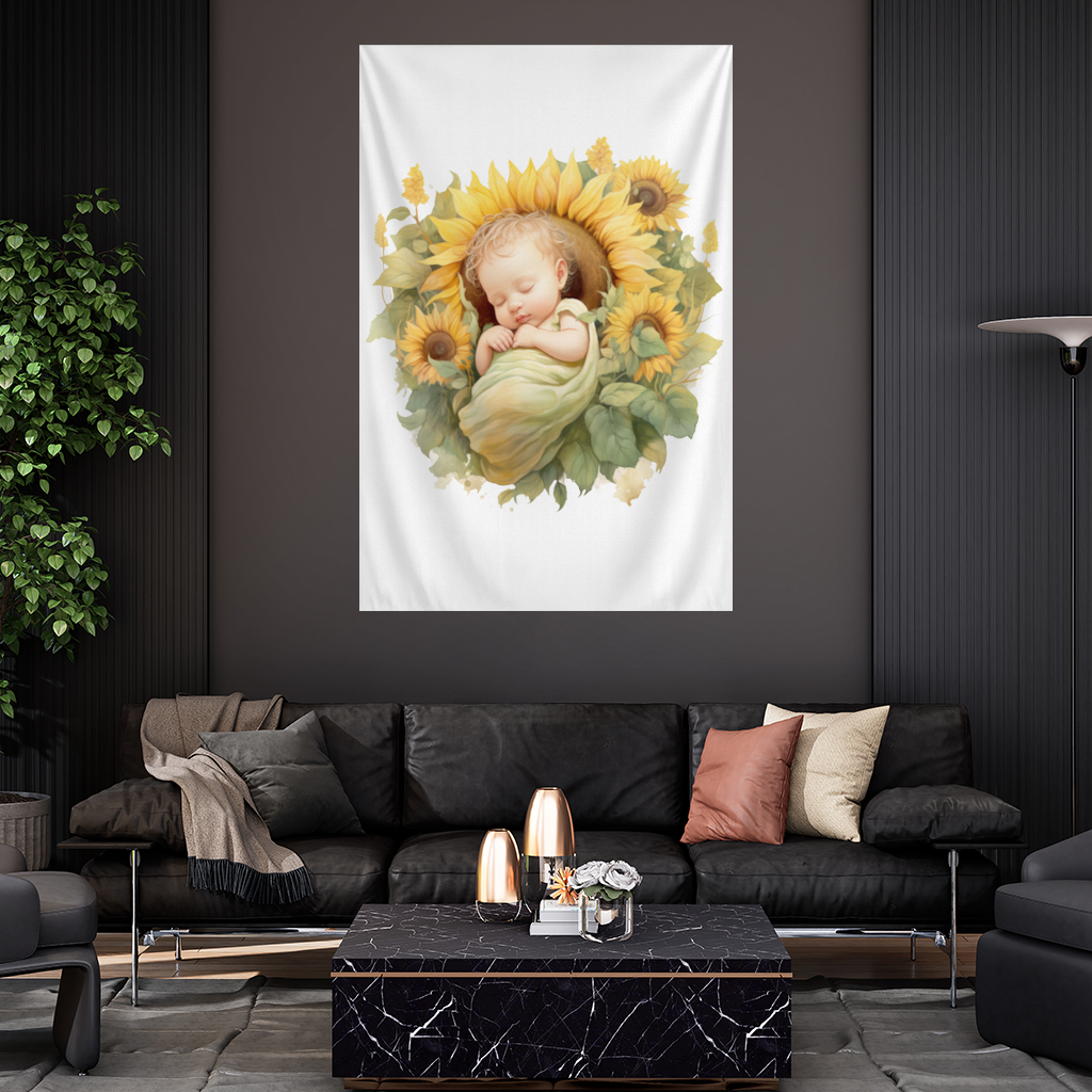 Sleeping Baby in Sunflower Wall Tapestry