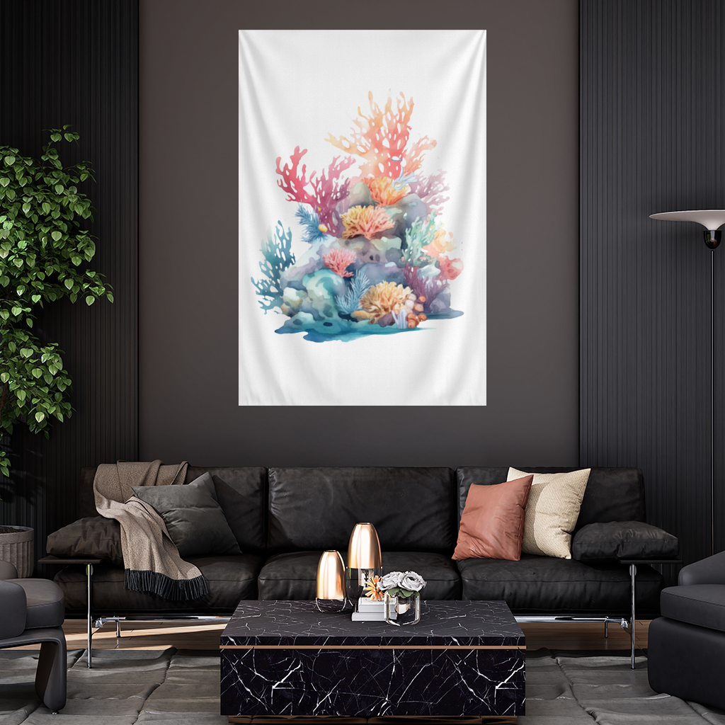 Vibrant Watercolor Coral Reef Scene Wall Tapestry