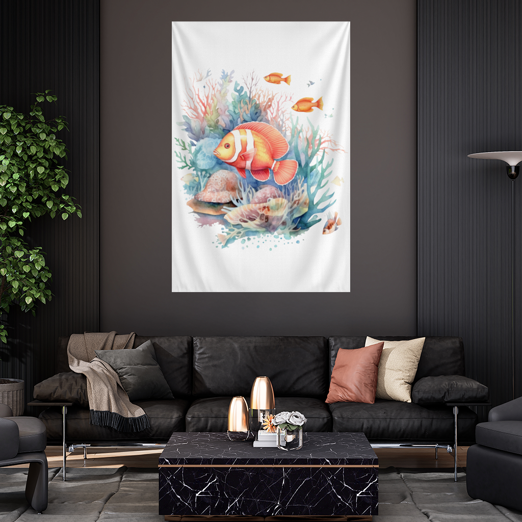 Watercolor Clownfish and Tropical Coral Reef Wall Tapestry