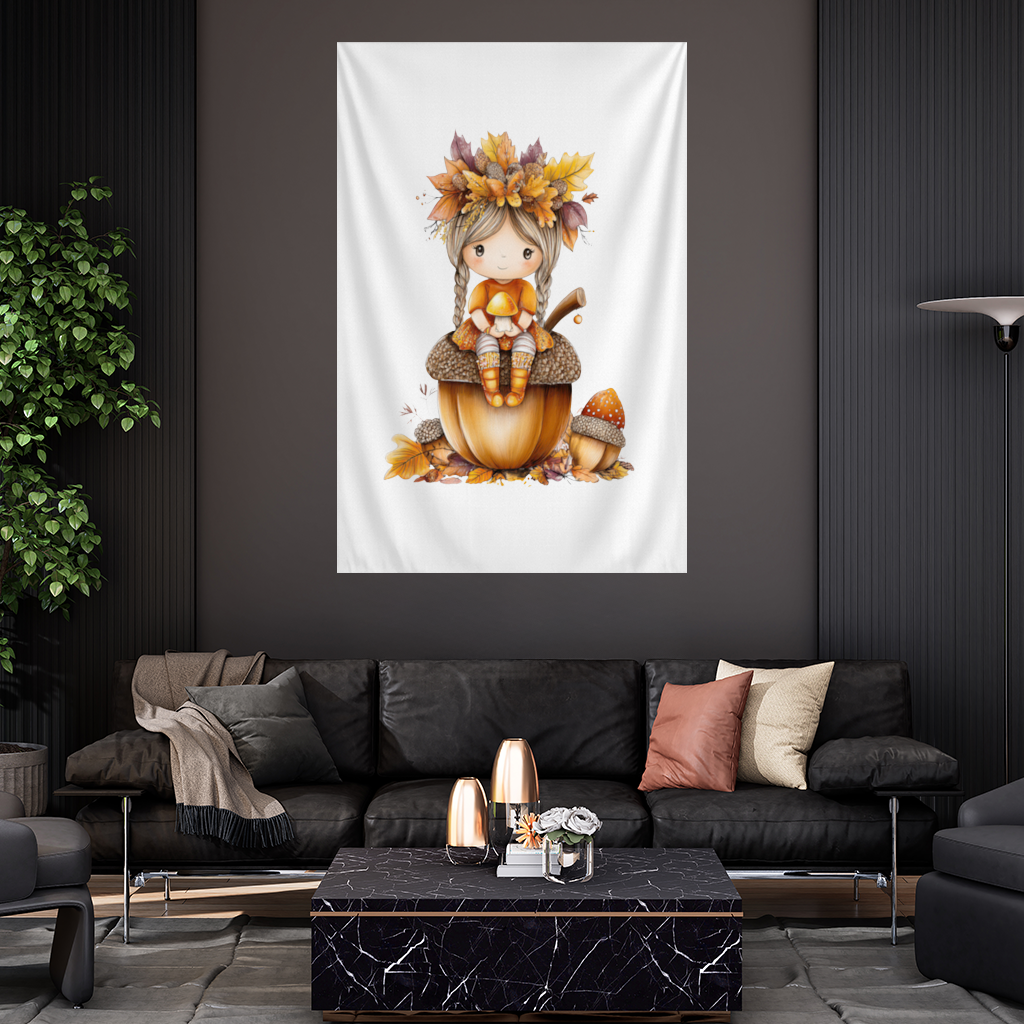 Autumn Acorn Mushroom Girl Wall Tapestry