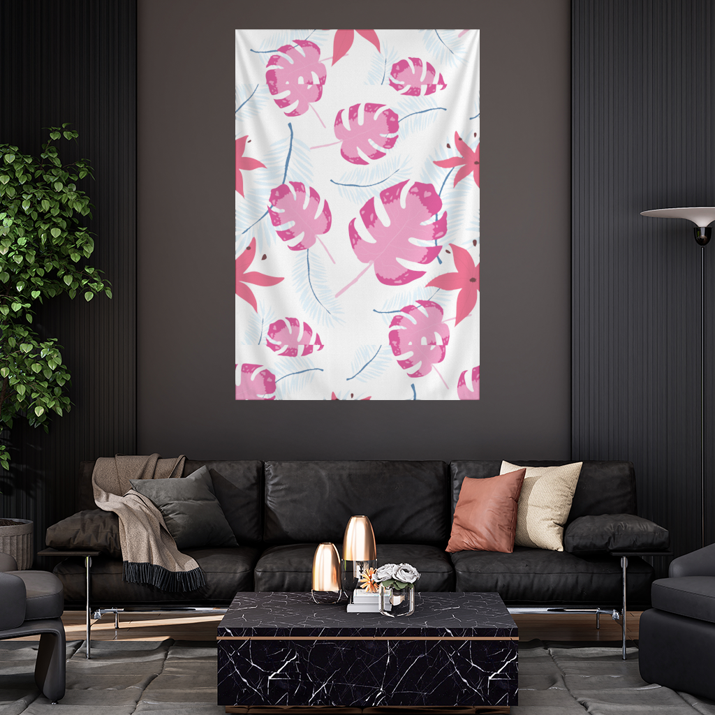 Pink Monstera and Tropical Lily Wall Tapestry