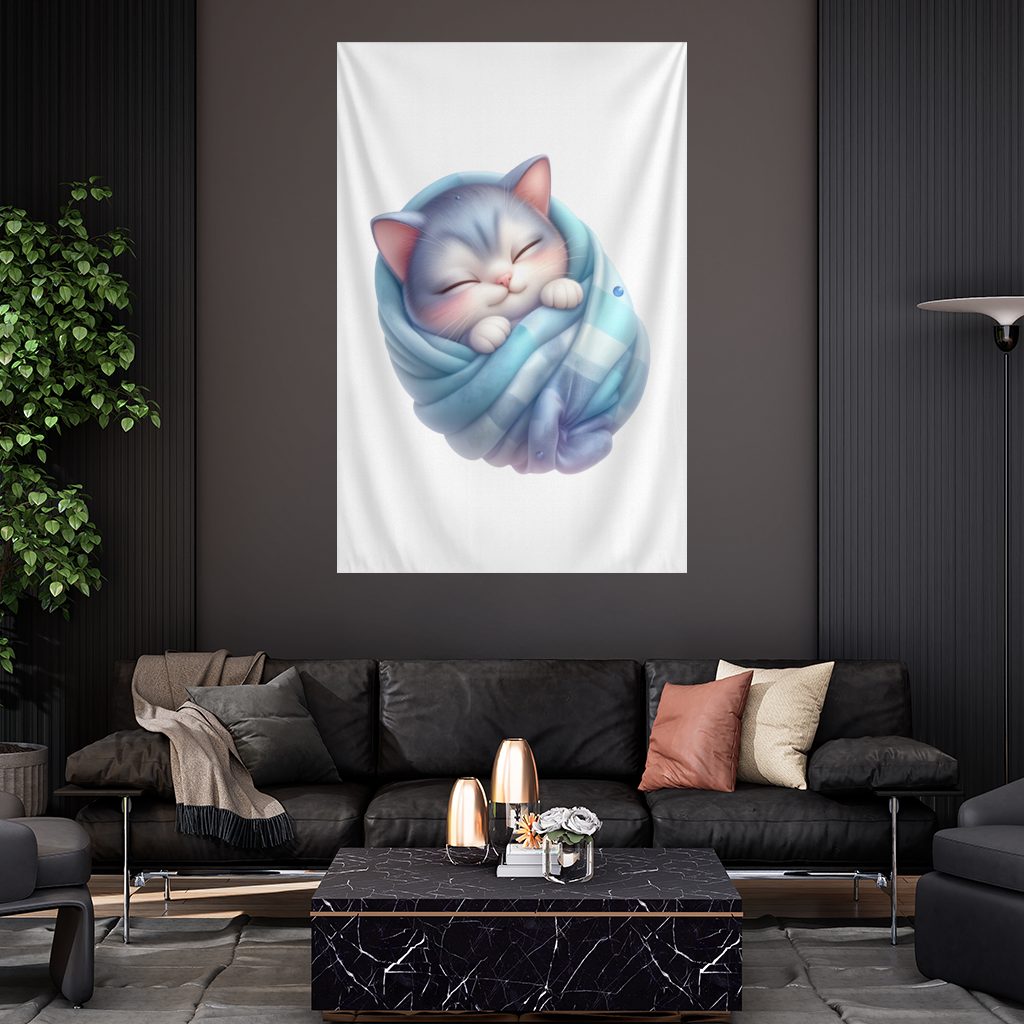 Kawaii Sleeping Kitten in Blue Swaddle Wall Tapestry