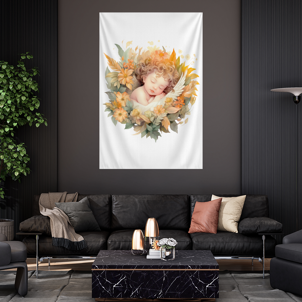 Sleeping Cherub in Cottagecore Flowers Wall Tapestry