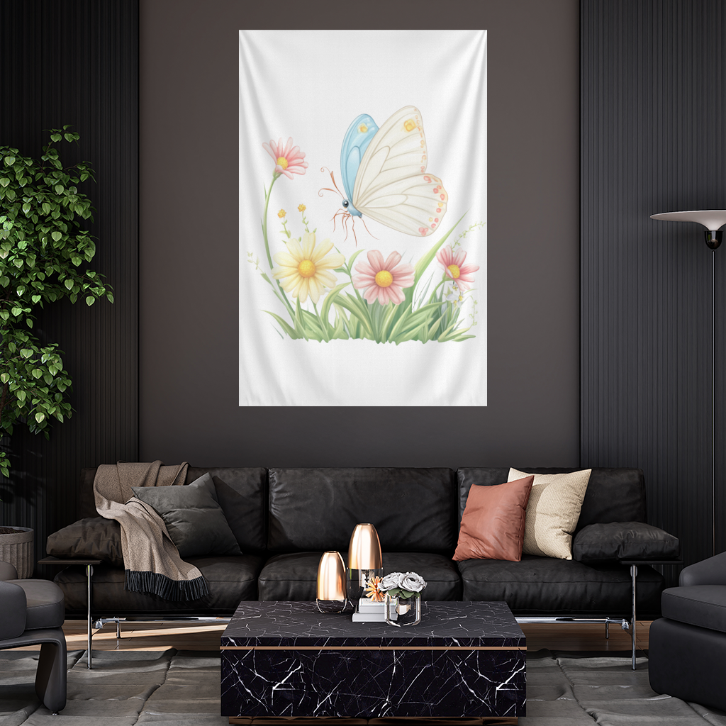 Pastel Kelebek ve Kır Çiçekleri Bahçesi Duvar Örtüsü