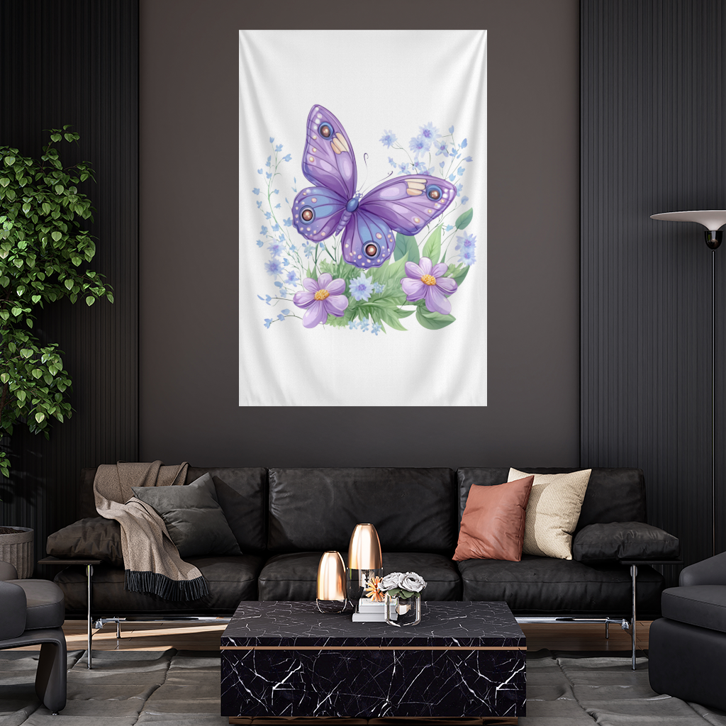 Mor Kelebek ve Mavi Kır Çiçekleri Duvar Örtüsü