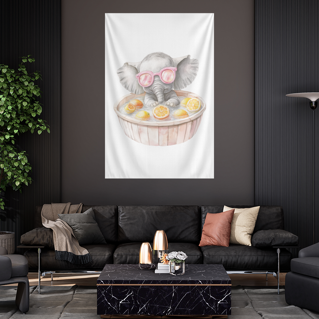 Baby Elephant in Pink Sunglasses Citrus Bath Wall Tapestry