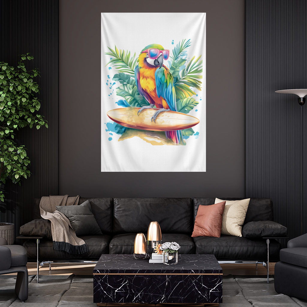 Surfing Parrot with Pink Sunglasses Wall Tapestry